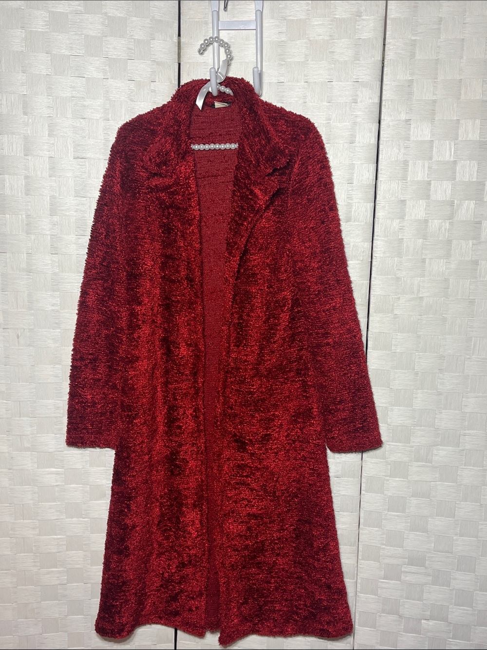 Cozy Plush Teddy Long Open-Front Cardigan buttons up Deep Red Size Small